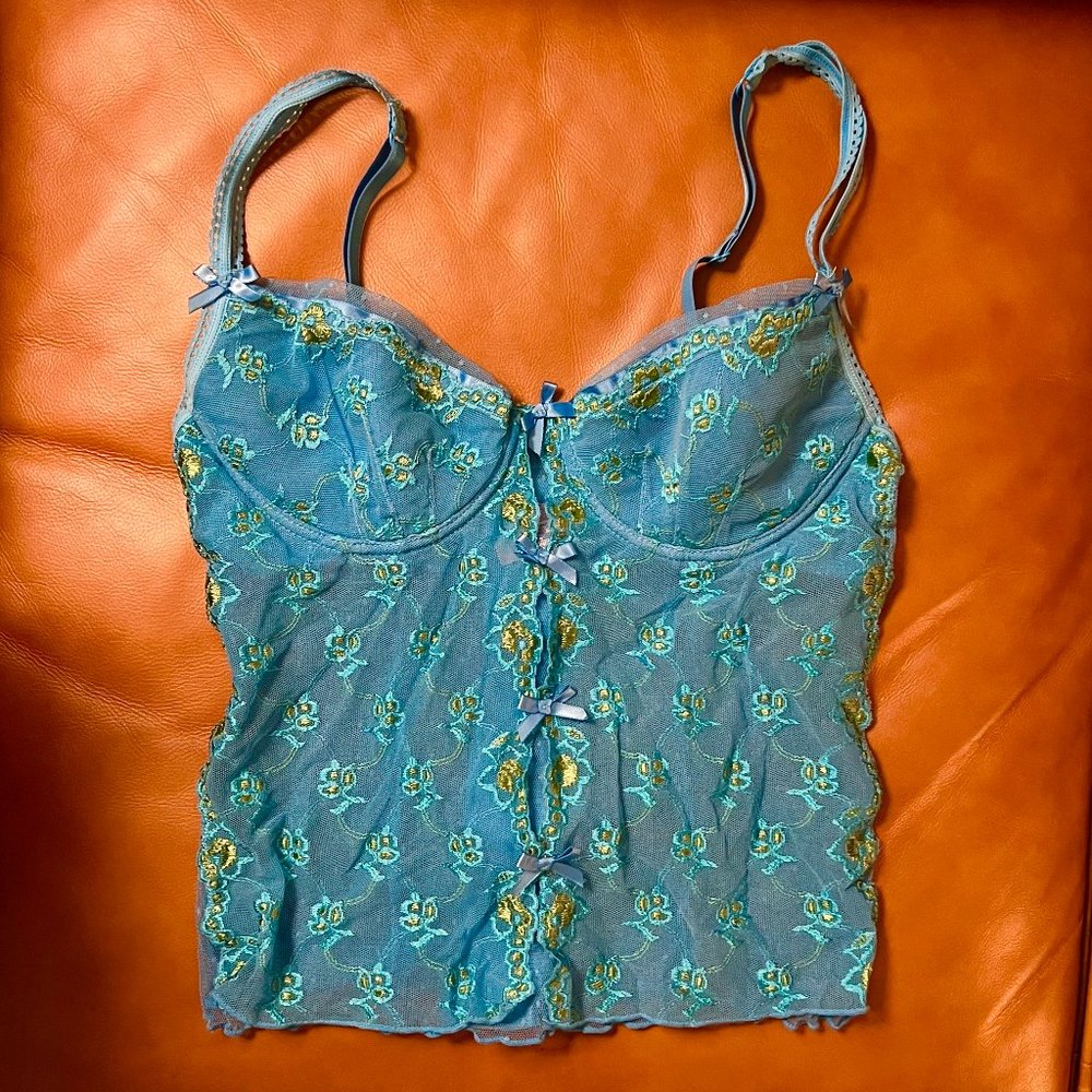 Victoria's Secret Vintage Y2K Floral Embroidered Blue Babydoll Mesh Cami Bra